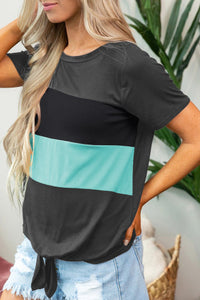 Gray Green Black Colorblock Tie Hem T-shirt