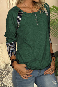 Green Casual Striped Accent Crew Neck Henley Shirt