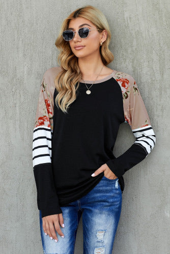 Black Striped Floral Long Sleeve Knit Top