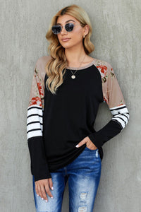Black Striped Floral Long Sleeve Knit Top