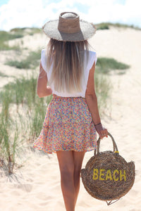 Yellow Red Blue Mini Floral Print Elastic Waist Tiered Skirt