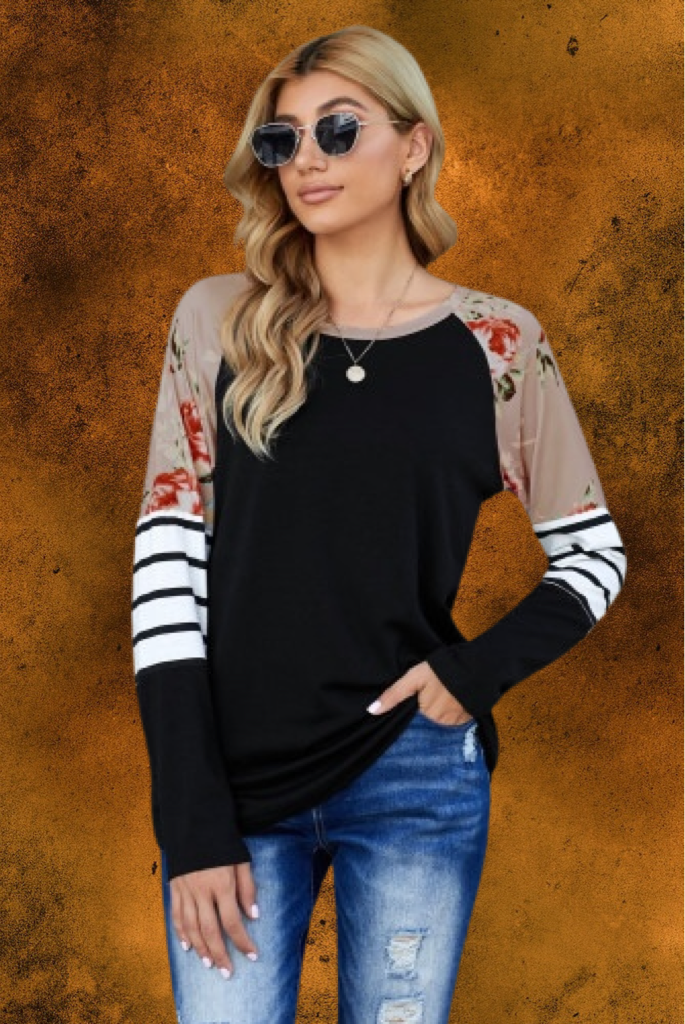 Black Striped Floral Long Sleeve Knit Top
