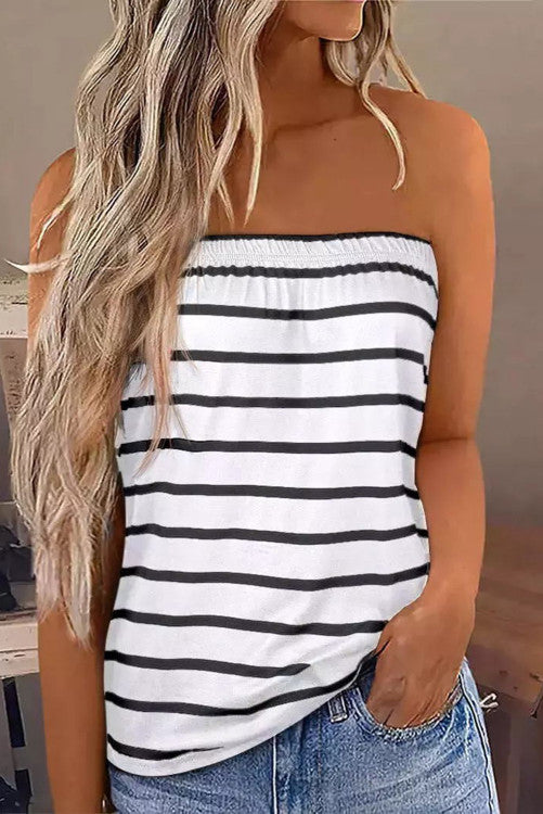 White and black striped bandeau top. Soft knit fabric that is comfy and breathable. Can be worn alone or with a cardigan or kimono for a trendy look. Very stretchy bust. Loose fitting. 