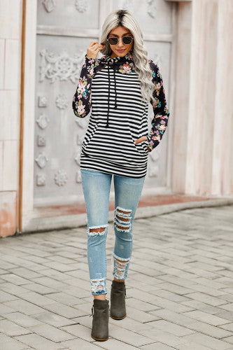 Black and White Striped Floral Print Double Hoodie