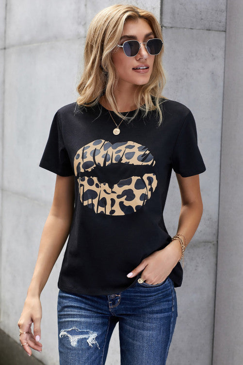Leopard Lips On Black Tee