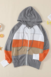 Ash and Pumpkin Color-block Full Zip Hooded Sweater