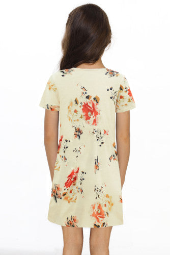 Girls Pastel Yellow Orange Floral V-neck Twist Knot Knit Sundress