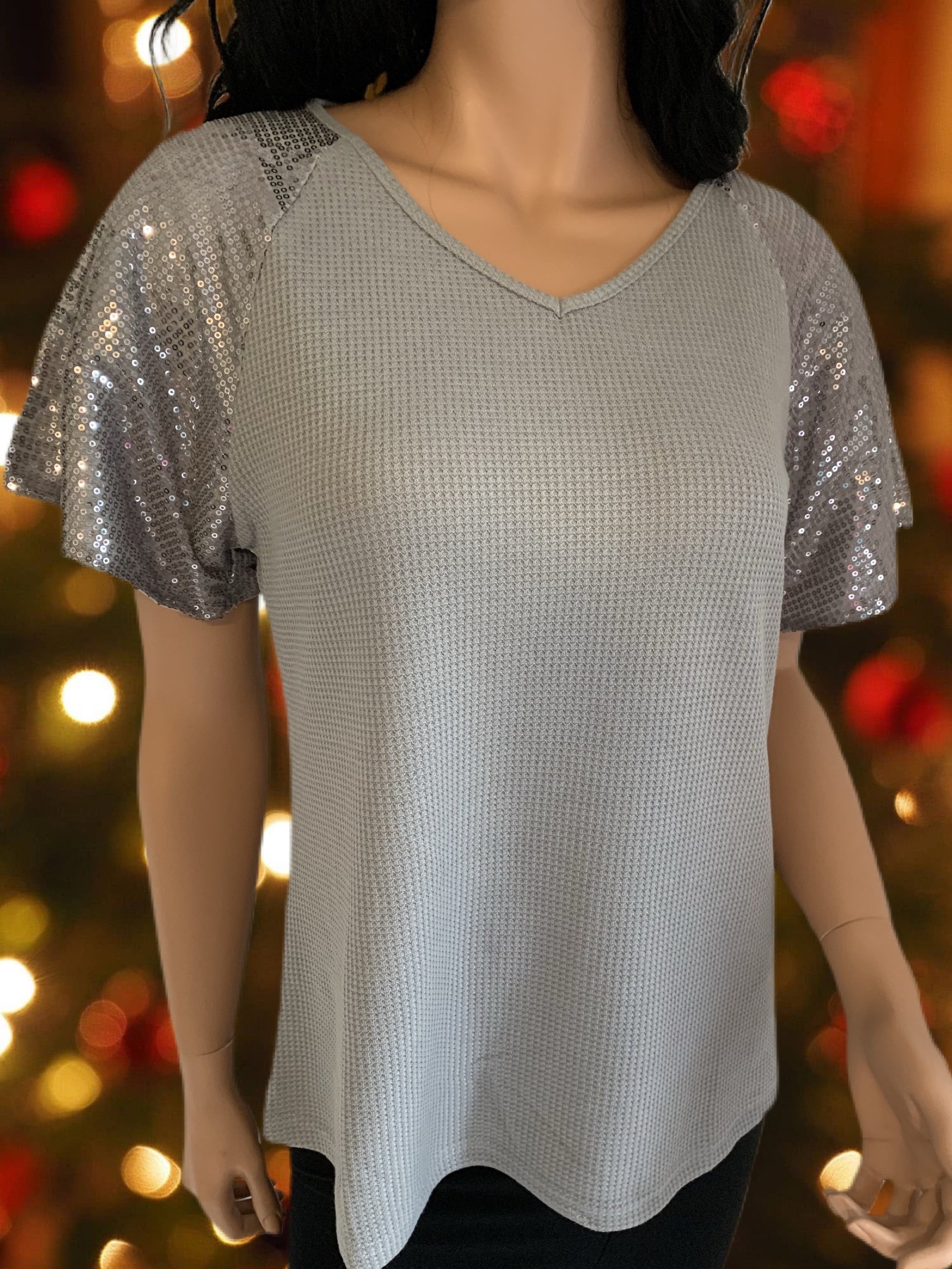 Gray Waffle Knit Sequined Short Sleeve Top