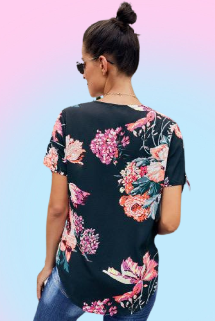 Navy Floral Draped Short Sleeve Blouse