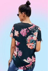 Navy Floral Draped Short Sleeve Blouse