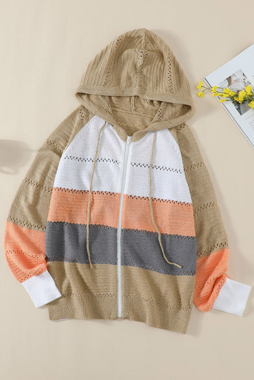 Peach Beige Color-block Full Zip Hooded Sweater