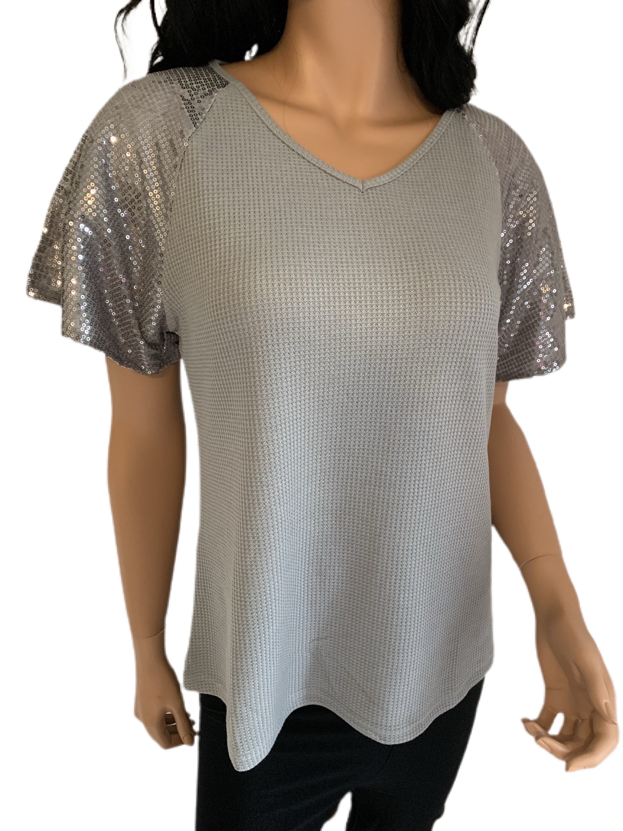 Gray Waffle Knit Sequined Short Sleeve Top