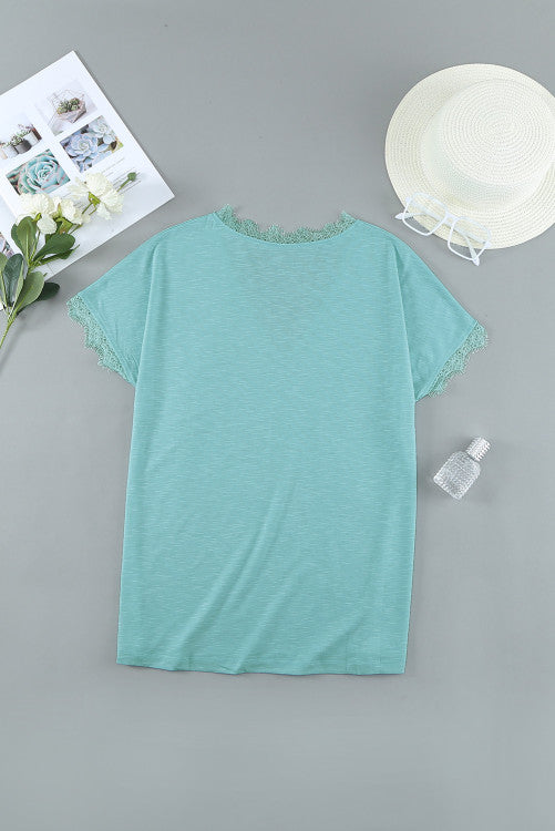 Mint Green Lace Trim V-Neck Cap Sleeve Tee