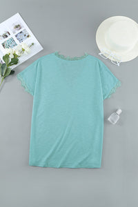 Mint Green Lace Trim V-Neck Cap Sleeve Tee