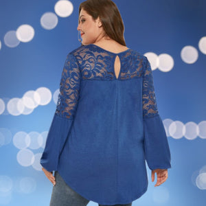 Plus Size Royal Blue Lace Trim Long-sleeve Top