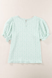 Mint Floral Puff Sleeve Crinkle Blouse