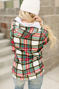 Holiday colored plaid pattern double hooded hoodie. Cowl neck with off to the side drawstring with asymmetrical zip, had with thumb hole at cuffs. Outer hood is holiday plaid pattern, with inside hood a solid white. Super soft cotton blend fabric.    