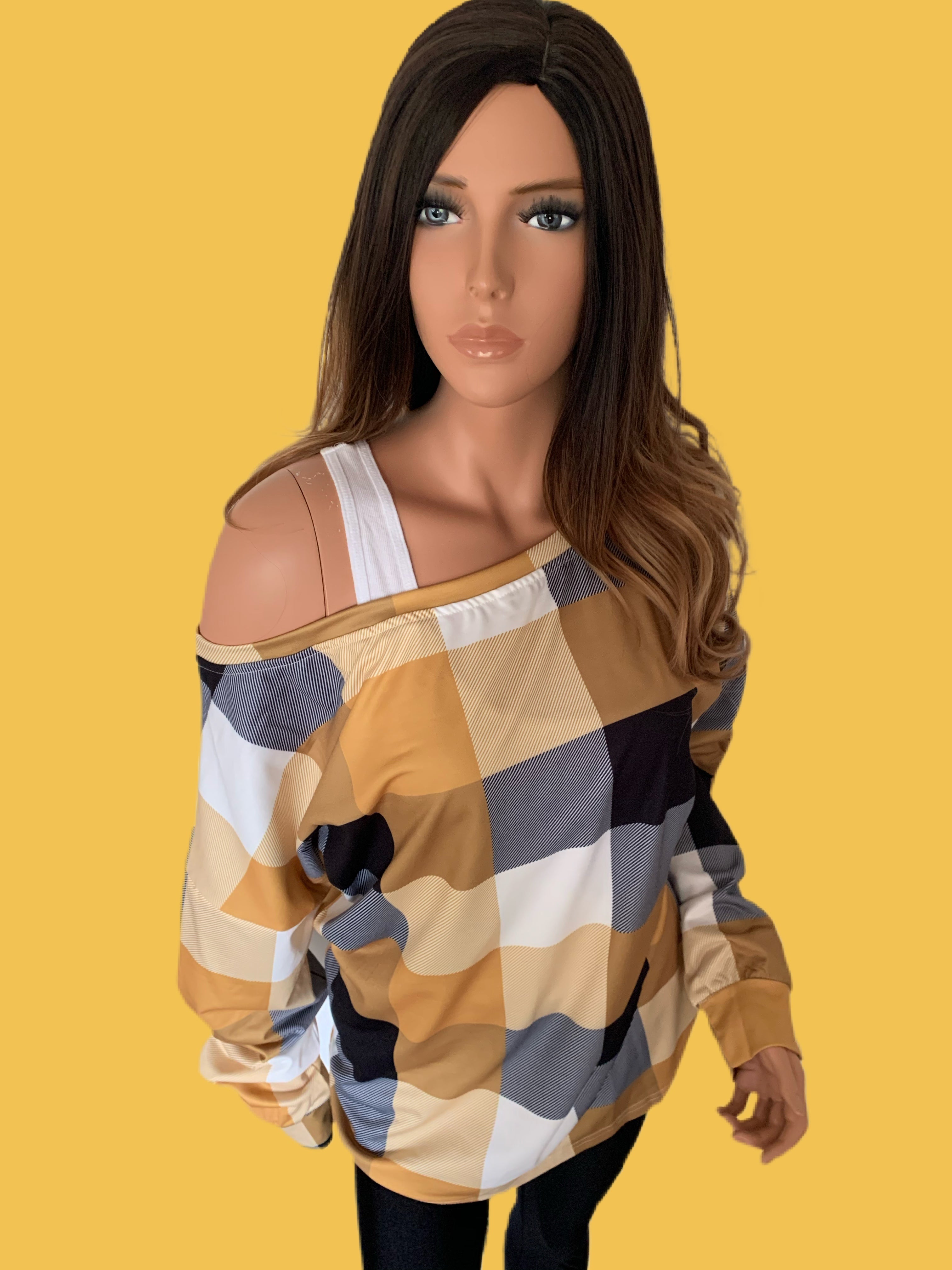 Harvest Gold Plaid Round Neck Long Sleeve Shirt