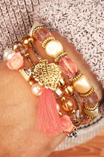 Peach Floral Beaded Stretch 4 Piece Bracelet Set