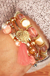 Peach Floral Beaded Stretch 4 Piece Bracelet Set