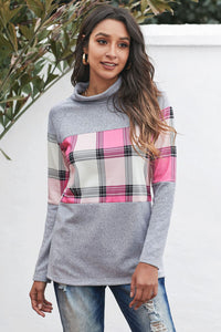 Pink Plaid and Gray Splicing Cowl Neck Long Sleeve Top