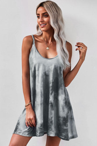Casual gray gradient knit tank dress that is great for summer. Has unique trendy gradient gray print. Stylish low neck, braided shoulder straps. Made of soft quality fabric, comfortable to wear on hot summer days. Roomy relaxed fit. 