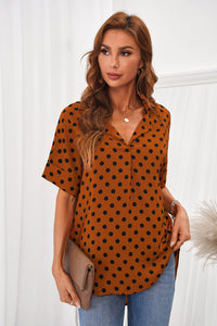 Brown Polka Dot Print Button Down Blouse