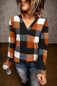 Rust Plaid Buttoned Sleeve V Neck Blouse