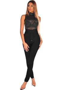 Black Sheer Rhinestone Studded Sleeveless Bodysuit