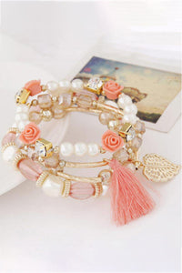 Peach Floral Beaded Stretch 4 Piece Bracelet Set