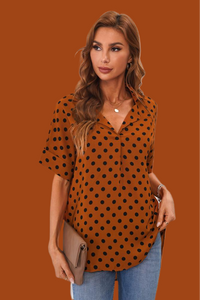 Brown Polka Dot Print Button Down Blouse