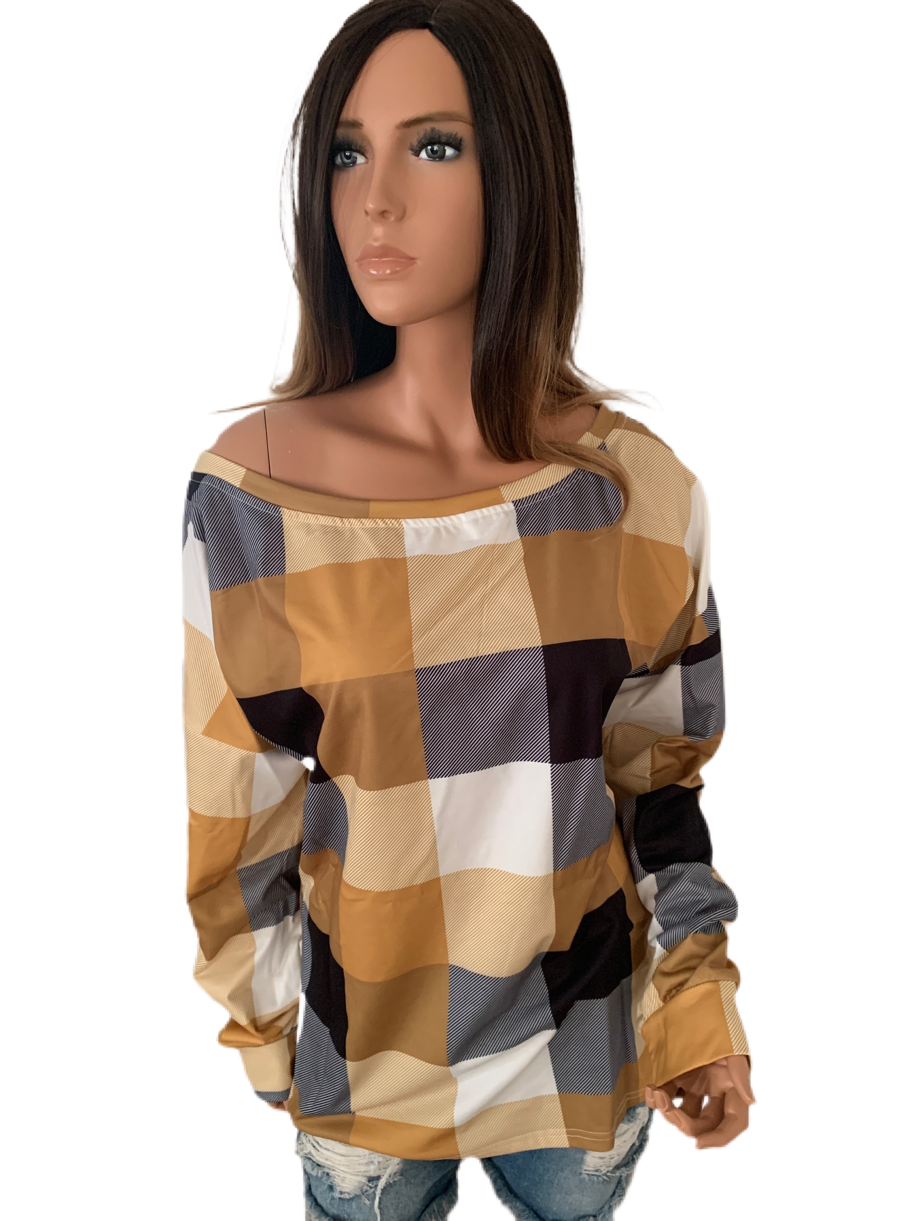 Harvest Gold Plaid Round Neck Long Sleeve Shirt