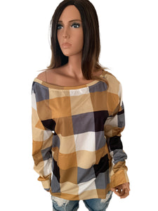 Harvest Gold Plaid Round Neck Long Sleeve Shirt