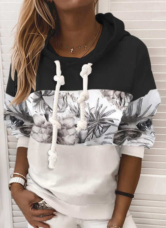 Black Floral Print Color Block Hooded Sweatshirt