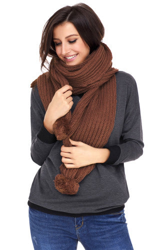 Brown Pom Pom Ribbed Knit Scarf