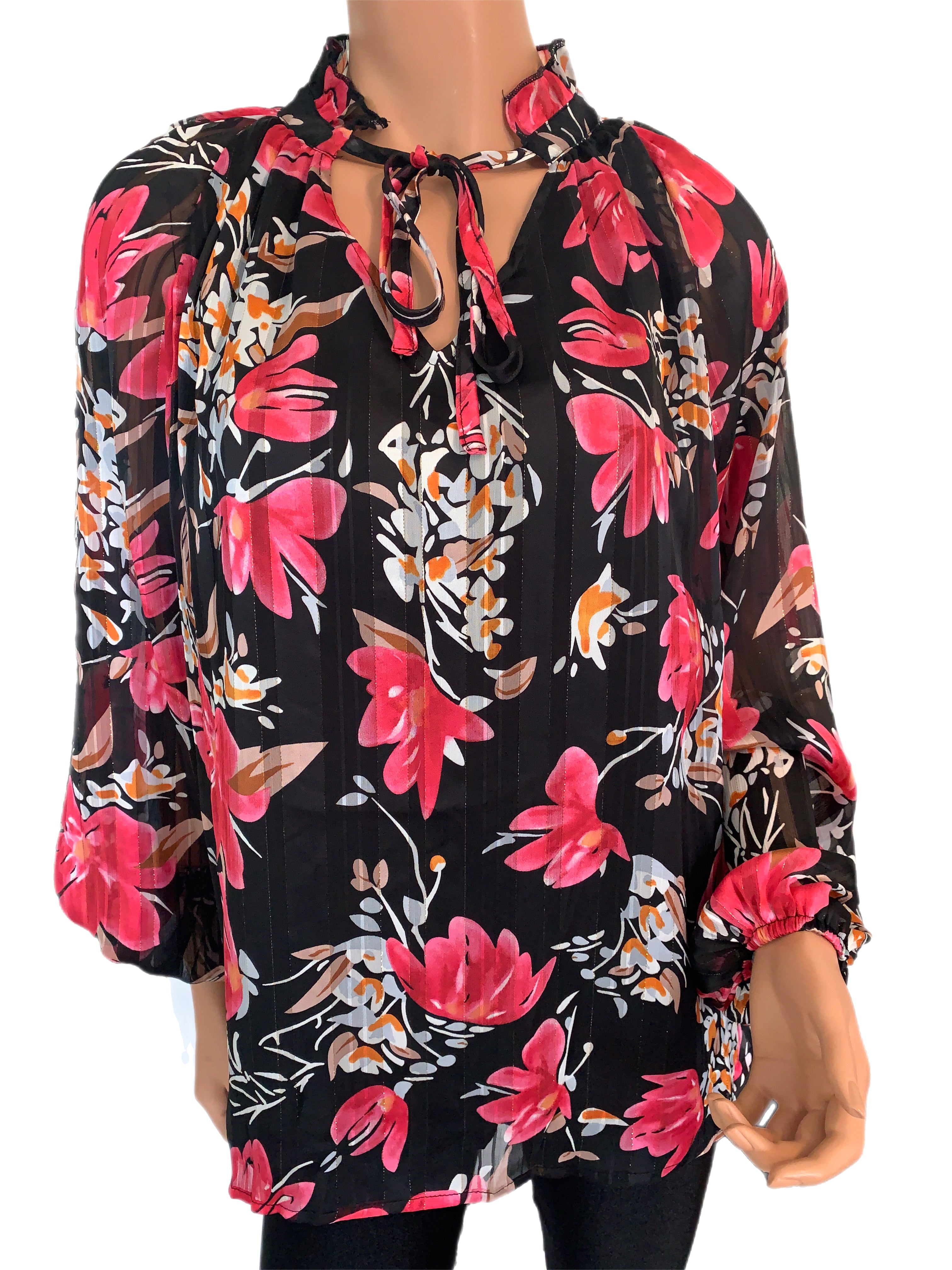 Black & Fuchsia Floral V-Neck Tie Blouse