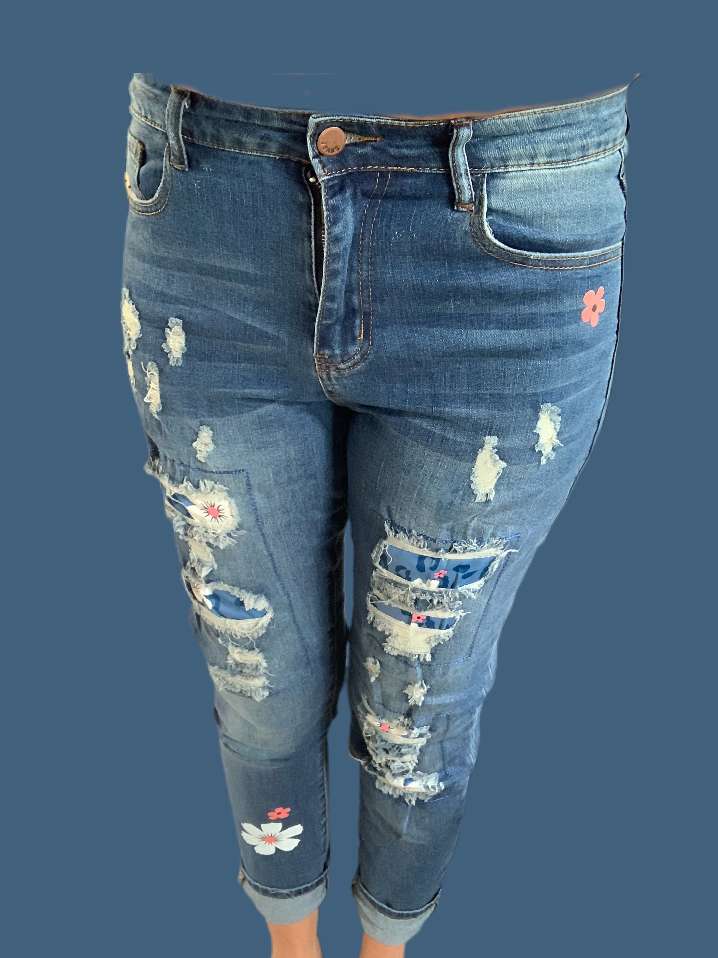 Blue Daisy Patches Stretch Denim Jeans