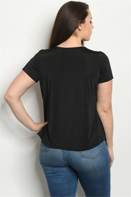 Black Pearl Neckline Silky Short Sleeve Blouse
