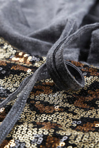 Allover Front Leopard Print Sequins Gray Hoodie