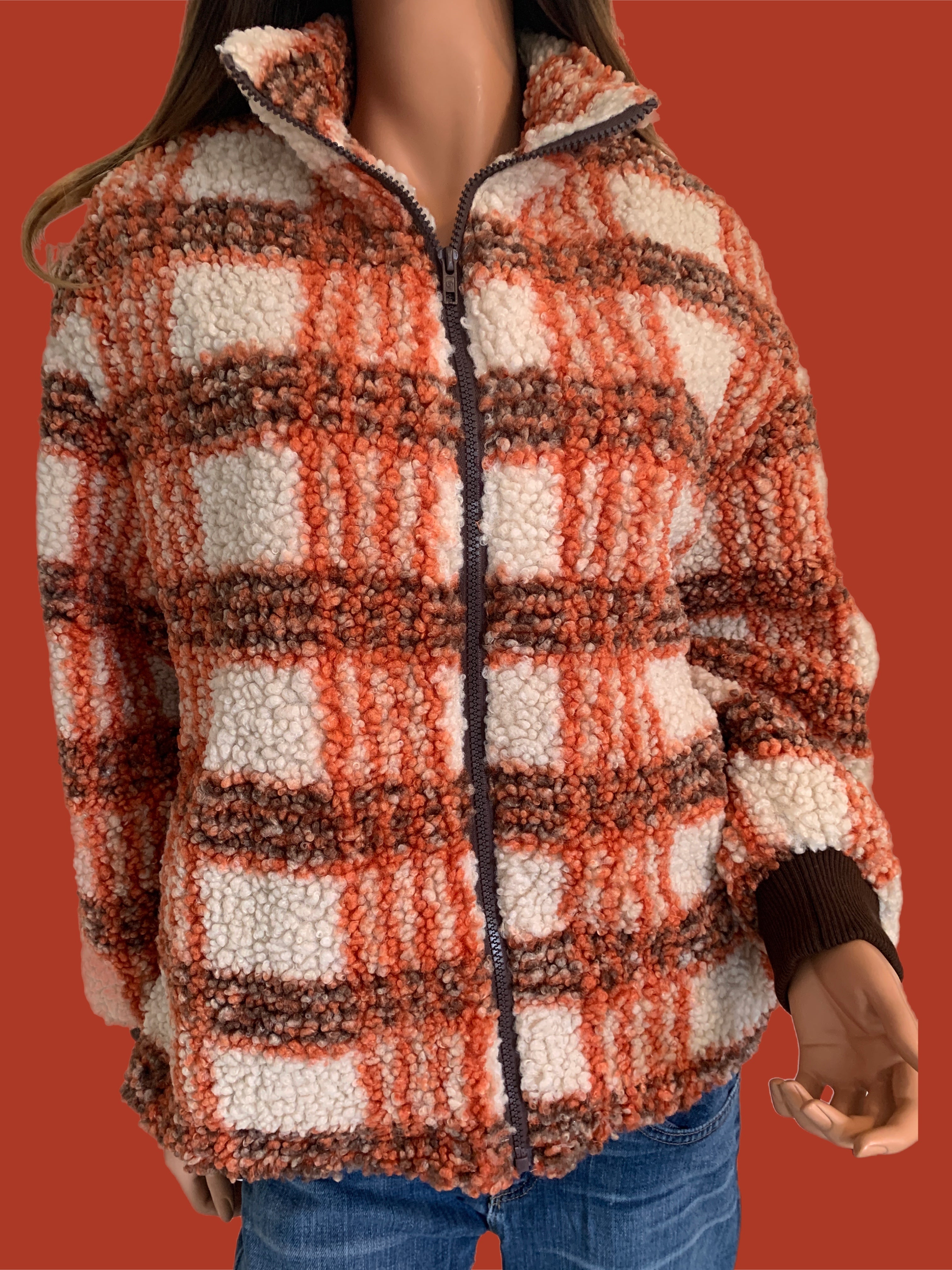 Rust Brown Plaid Teddy Bear Jacket