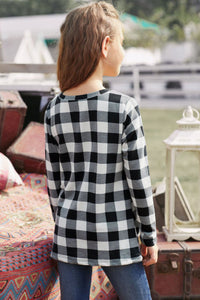 Girls Black and White Plaid Knotted Long-sleeve Top