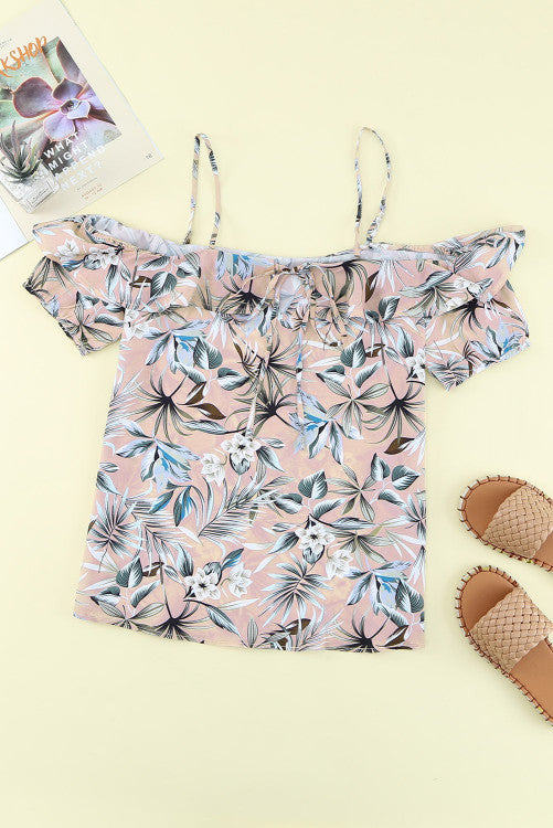 Mauve Floral Strappy Ruffled Sleeve Off Shoulder Blouse