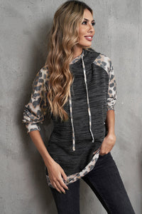 Gray Brushed Leopard Print Color Block Double Hooded Sweatshirt