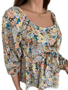 Colorful Fall Floral Crossover Front Tie Blouse
