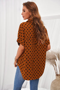 Brown Polka Dot Print Button Down Blouse