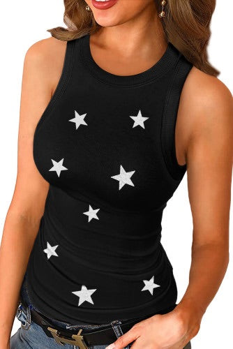 Black Star Print Ribbed Knit Tank Top