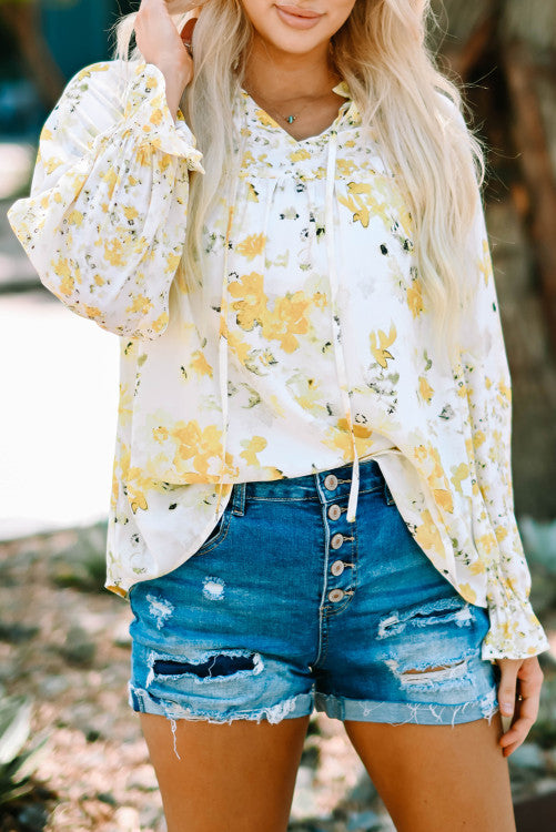 Yellow Floral Ruffly V-Neck Blouse
