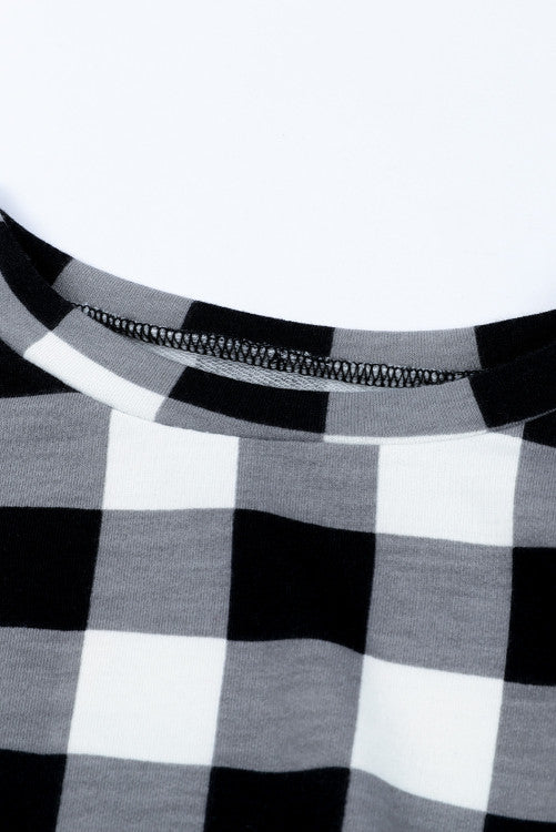 Girls Black and White Plaid Knotted Long-sleeve Top