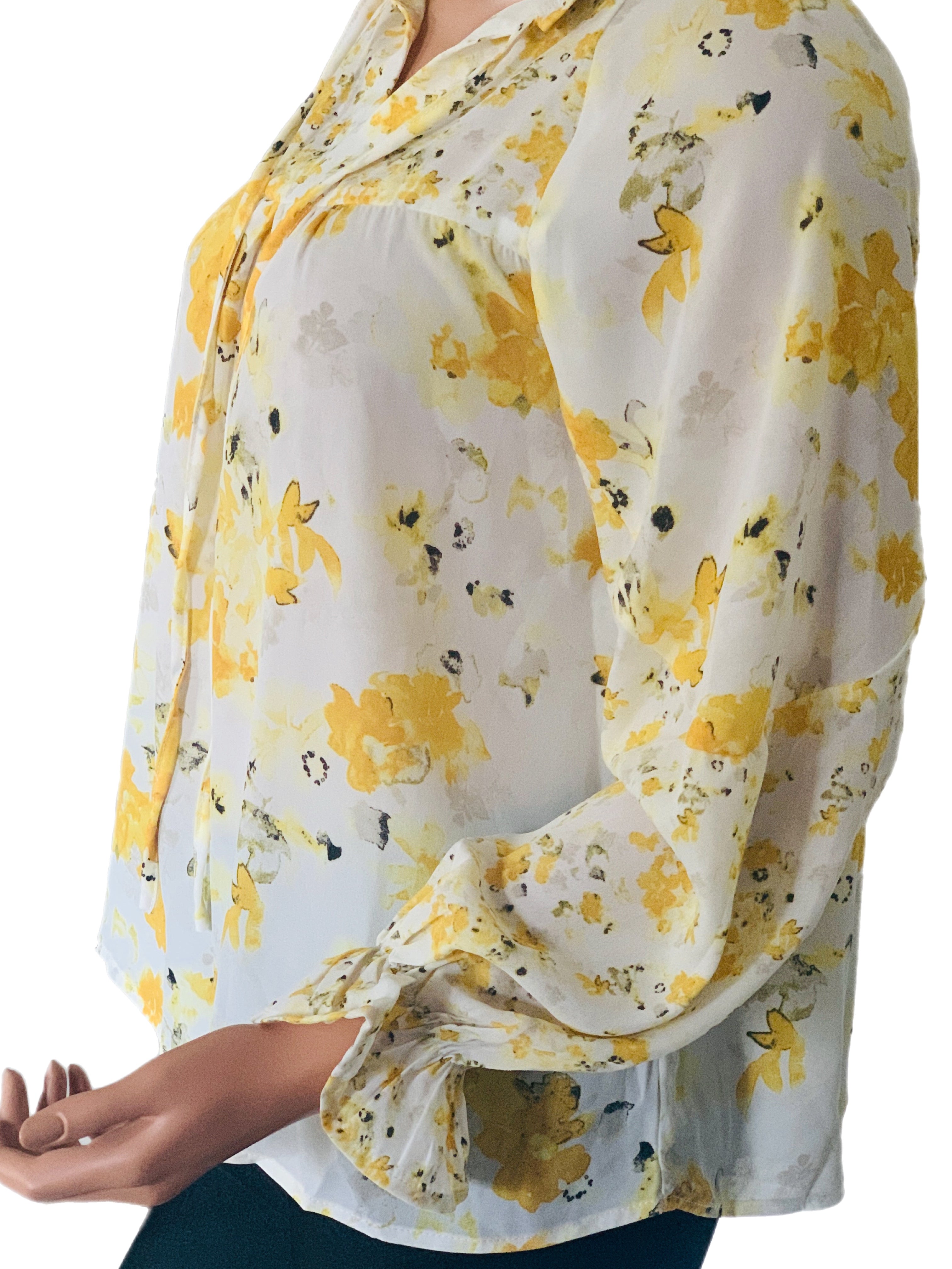 Yellow Floral Ruffly V-Neck Blouse
