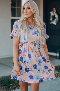 Pink Ruffled Short Sleeve Blue Floral Dress